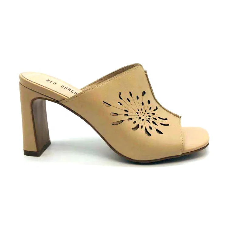 Wholesale Fashion High Heel Leather Slippers for Ladies Summer Chrysanthemum Hollow Design Anti-Slip Breathable Disposable