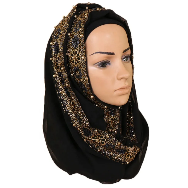 Hot Sale Muslim Women Pearl Lace Chiffon Monochrome And Stone Scarf Hijab Shawl