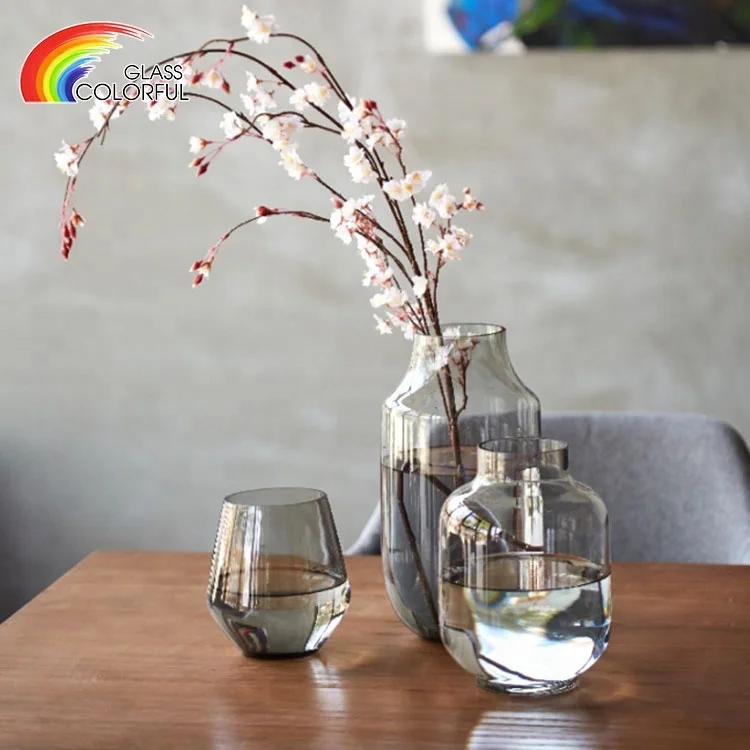 Mouth blown grey hand blown colored glass vase simple design for wedding home party decoration