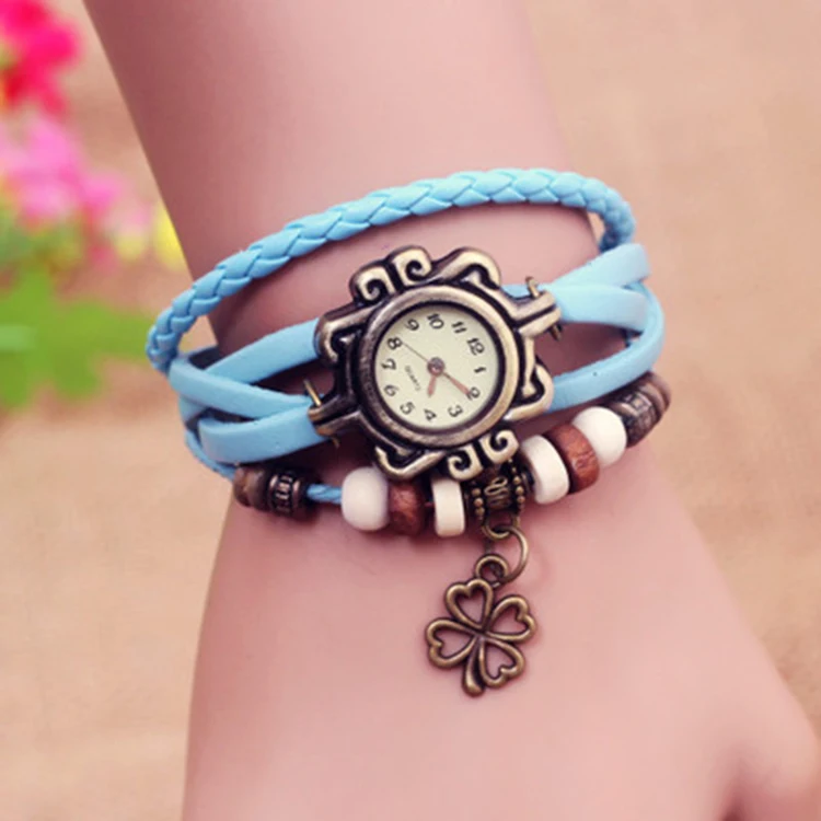 
Western style hand woven butterfly leather cord fancy woman watch bracelet 