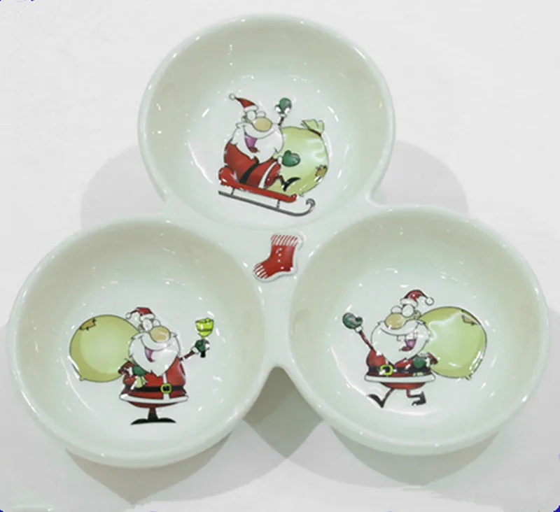White ceramic Christmas decor salad bowl porcelain 3 section divided serving bowls for dried fruits nuts