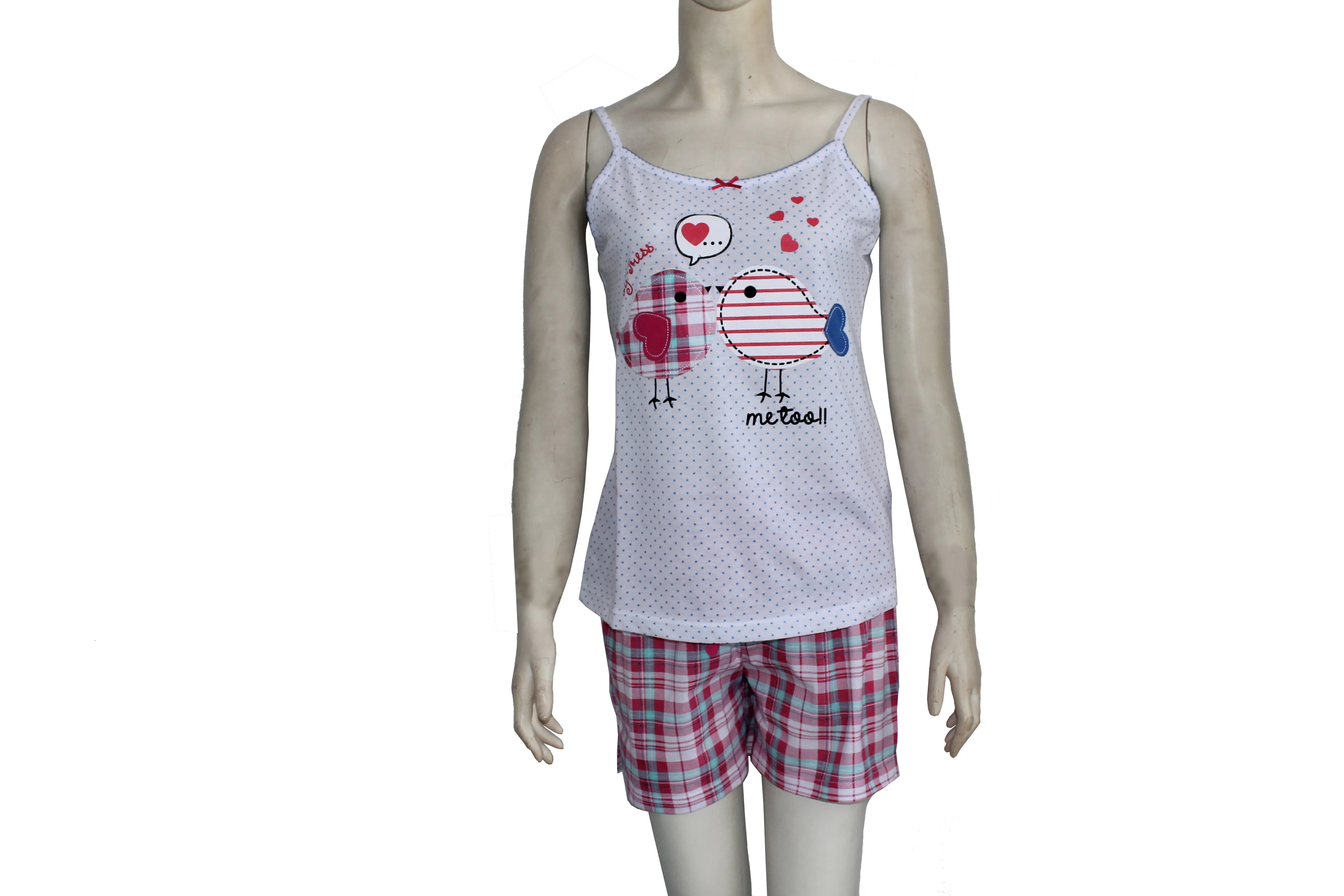 Ladies pyjamas in round neck short sleeve tee shirt and long pants with full elastic waistband homewear