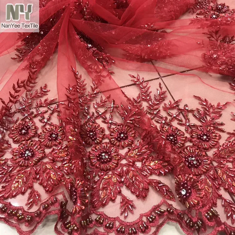Nanyee Textile Stock Retail Hand Made Beads Sequin Embroidery Fabric For Wedding Bridal