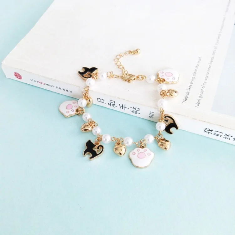 Multi Styles Available Fancy Gold Hand Chain Pearl Cat Charm Bracelet Design Women Girls