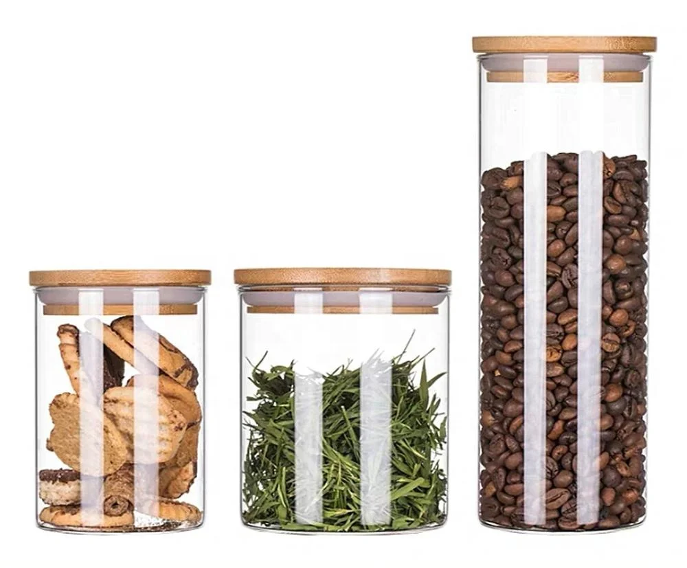 Оптовая продажа, стеклянная банка для хранения с деревянной крышкой, герметичная стеклянная банка для хранения