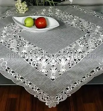 bamboo silk embroidery design tablecloth with cutwork white embroidery