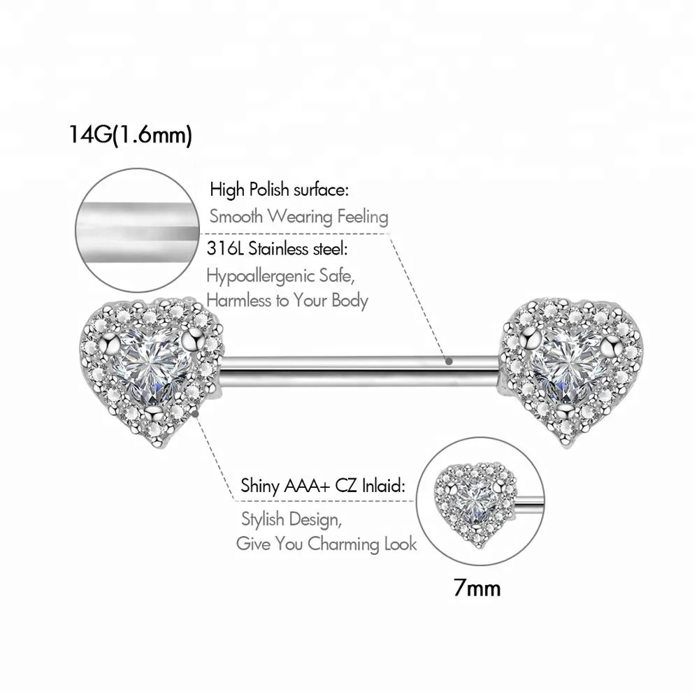 
14G Surgical Steel Nipple Barbell Rings with Clear Heart CZ Nipple Piercing Jewelry 