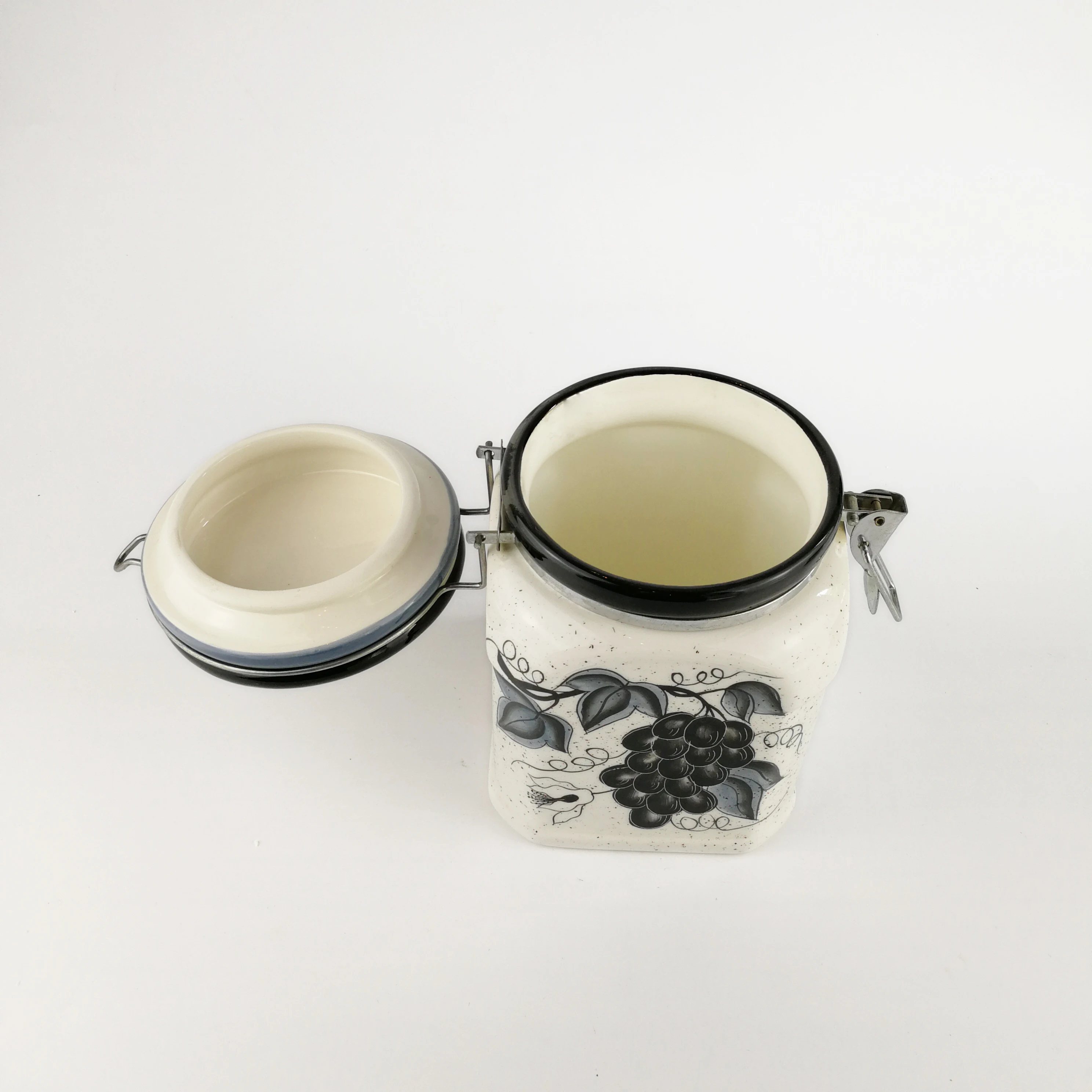 custom airless white ceramic enamel kitchen coffee airtight canister sets sealed storage jam clamp jars with metal clip lid