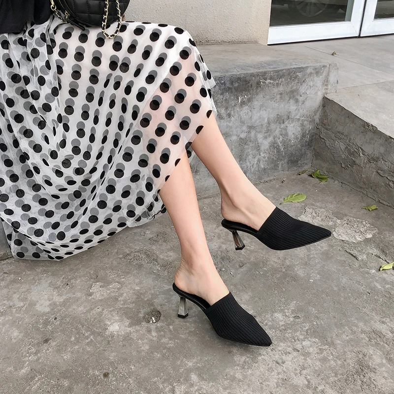 WETKISS Large Size Women Shoes OEM Cheap Wholesale Unusual Heels Mules Knitting Ladies Mules Shoes High Heels Mules Shoes Women