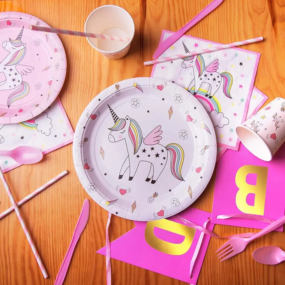  Набор принадлежностей для вечеринки в честь Дня Рождения единорога розовый набор посуды включает одноразовые бумажные тарелки 9 унций чашки соломинки баннеры салфеток