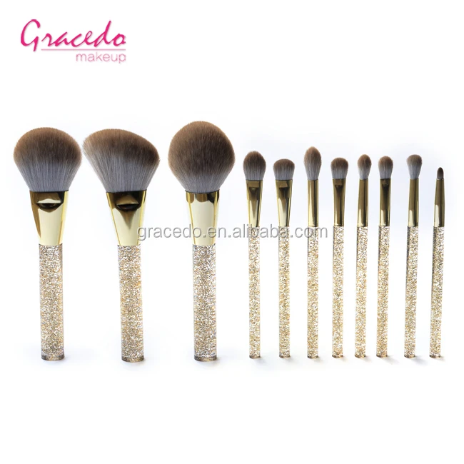 Suppliers 12pcs Professional make-up brush kit White Goat Hair Make Up Brush Set Gold  Crystal Glitter Handle Makeup Tools