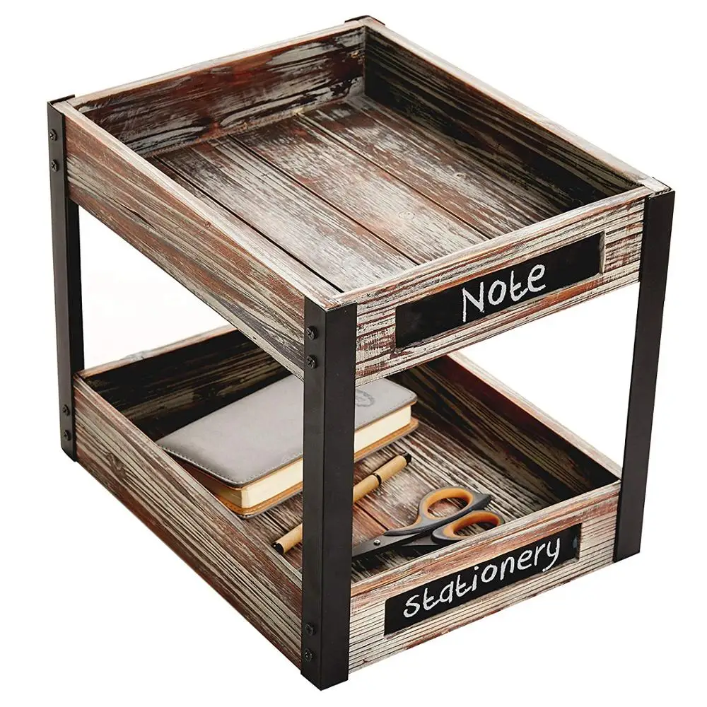 
2 Tier Torched Wood Desktop Document Tray Paper File Holder with Chalkboard Labels decorative trays for coffee table 