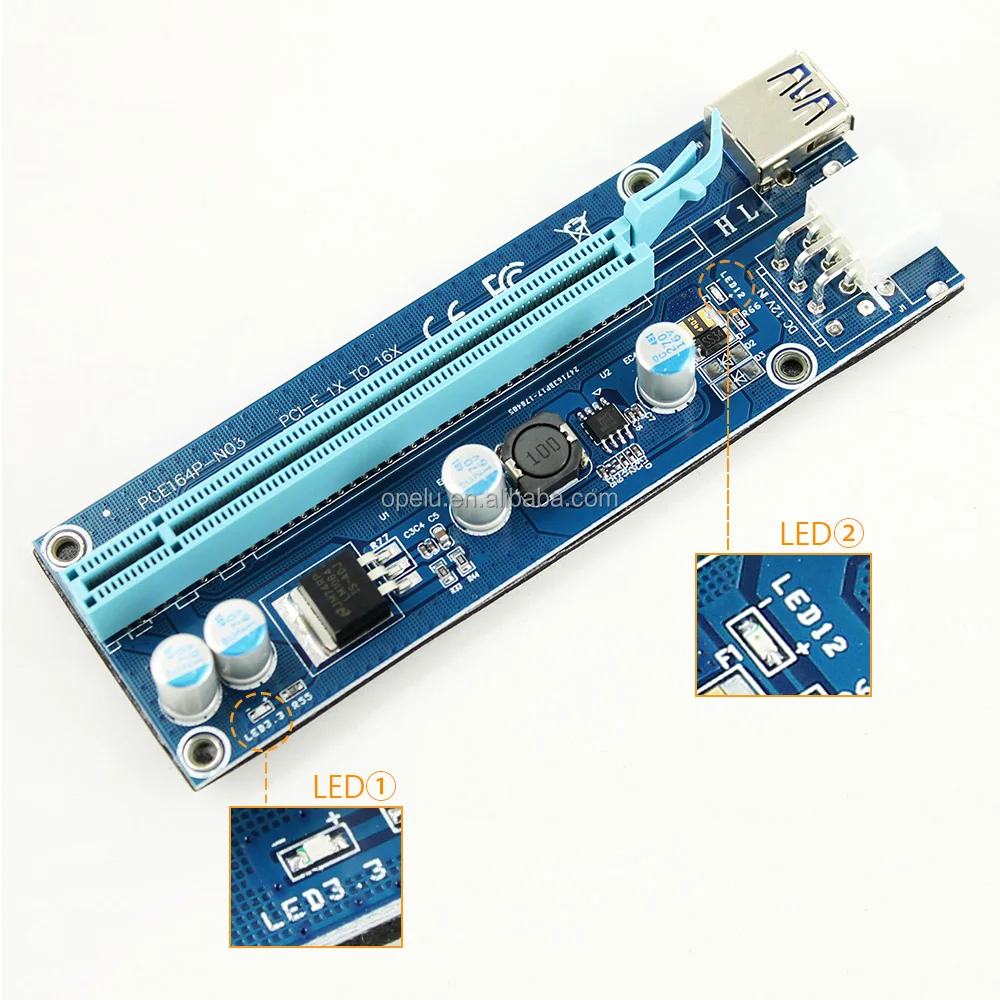
009S Risers PCIe PCI-E PCI Express Riser Card x1 x16 USB 3.0 Data Cable 6 Pin SATA Power Supply for BTC Miner with 2 LEDs 