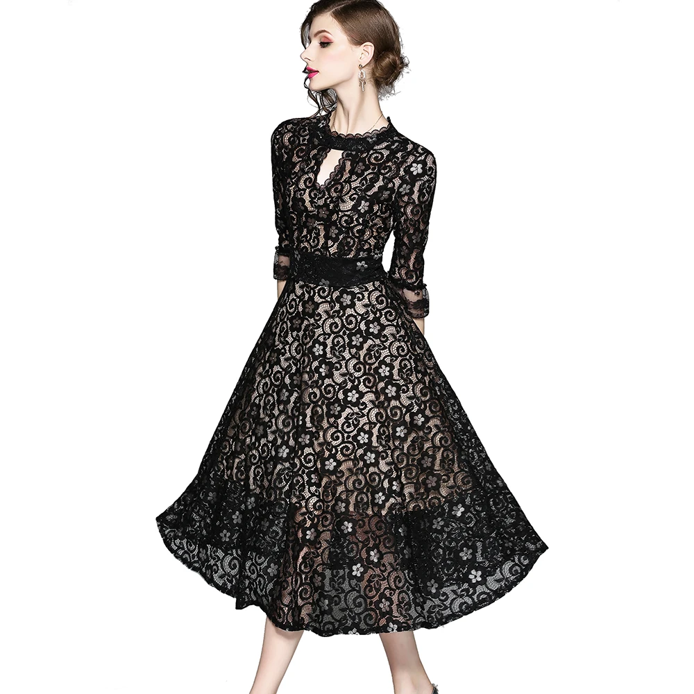 
Wholesale Autumn Women Fashion Stand O Neck 3/4 Sleeve Big Hem Black Lace Dress M to XXXL 