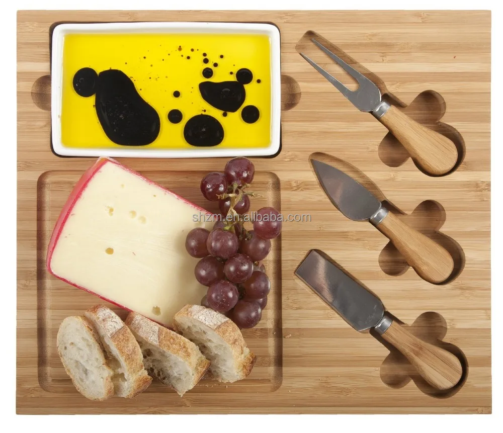 Eco-friendly Bamboo Cheese Board Set with Ceramic Dish and 3 Cheese Tools