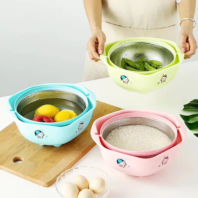 YUGOSLU NEW DESIGN 3pcs 360 degree rotating double-layer stainless steel strainer colander set