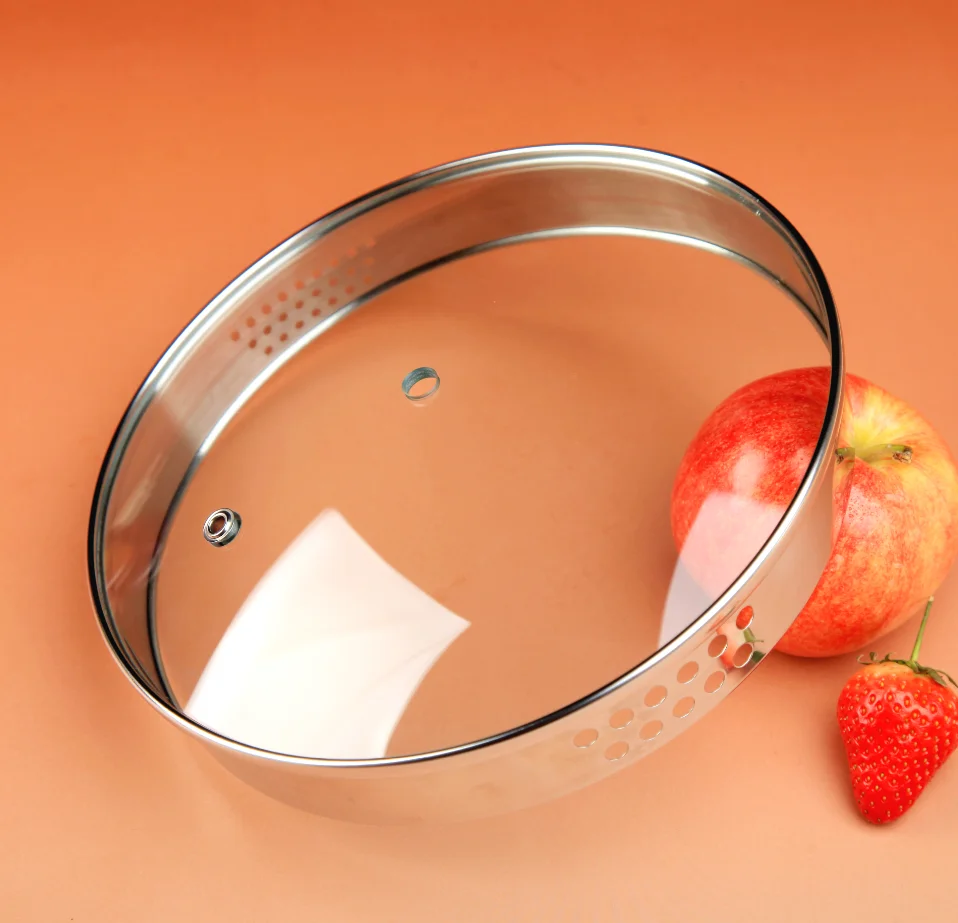 4mm glass 304ss rim L type tempered glass cover glass lid with handle and knob for cookware frying pan pot