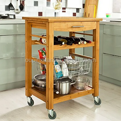 High Quality Bamboo Wheeled Kitchen Trolley With Basket Kitchen Storage Cart Kitchen Storage Rack With Drawer