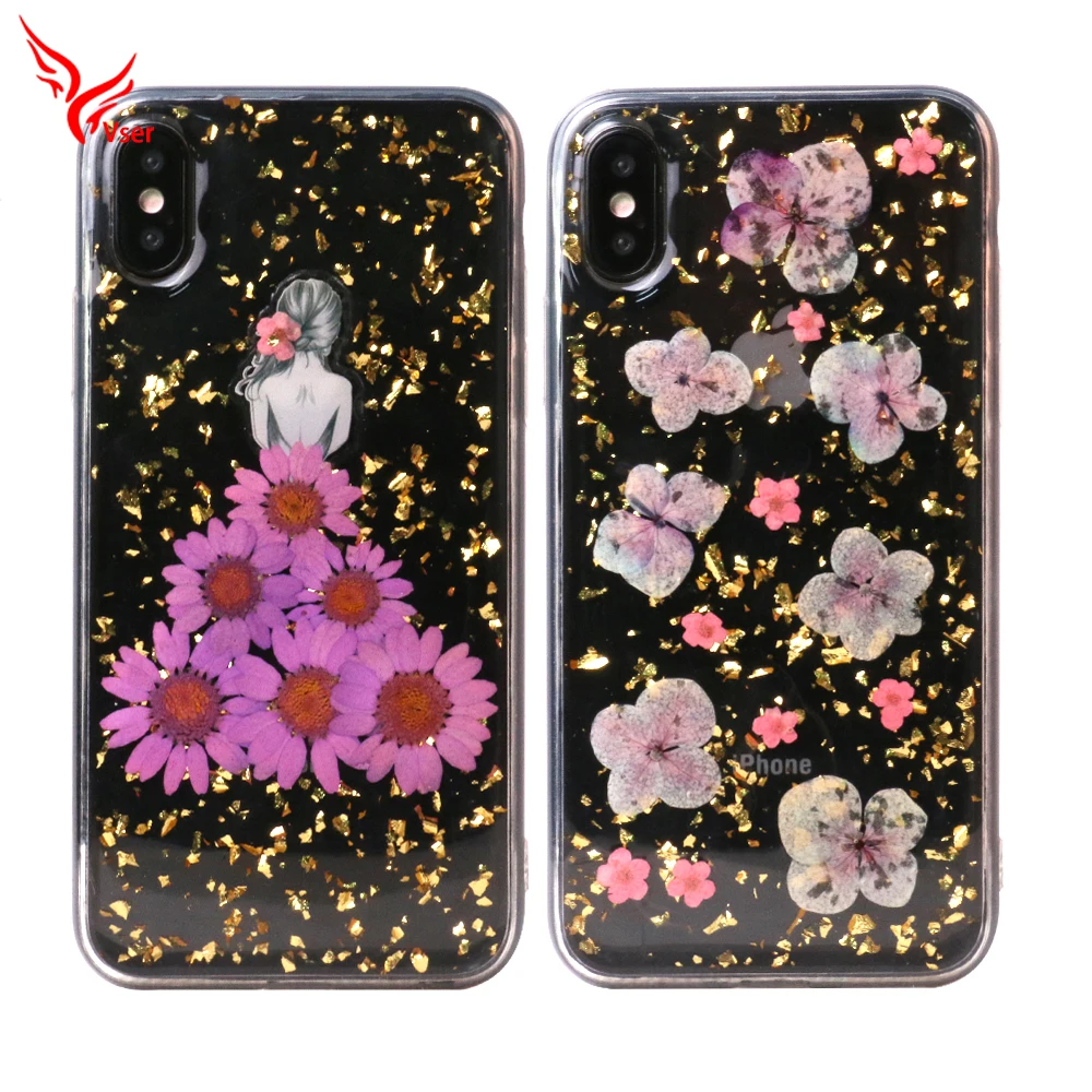 Clear Epoxy Gold Silver Foil Dry Real Pressed Flower Case for iPhone x 8 7 6s Plus
