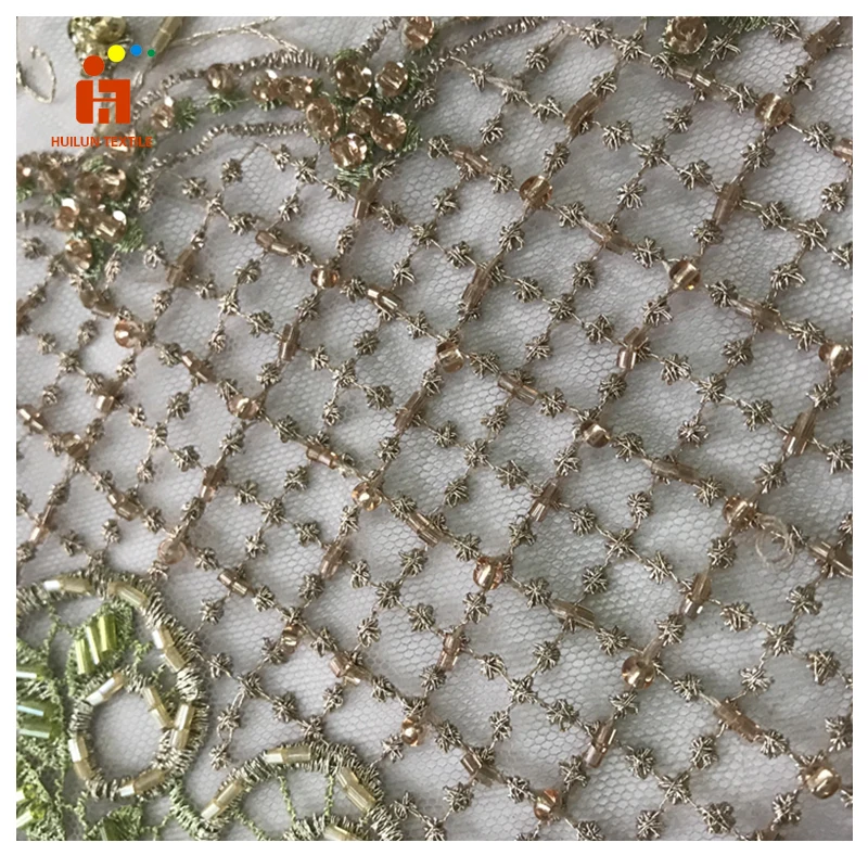 HLSD176 Luxury Tulle Lace Fabric Sequin Embroidery Beaded Lace Fabric On Polyester Mesh With Embroidery