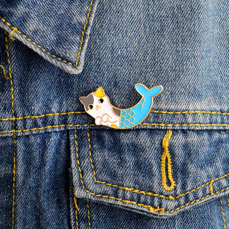 Mermaid Enamel Pin needle Half cat and half fish Cartoon cute animal badge Shirt cowboy hat backpack pins buckle