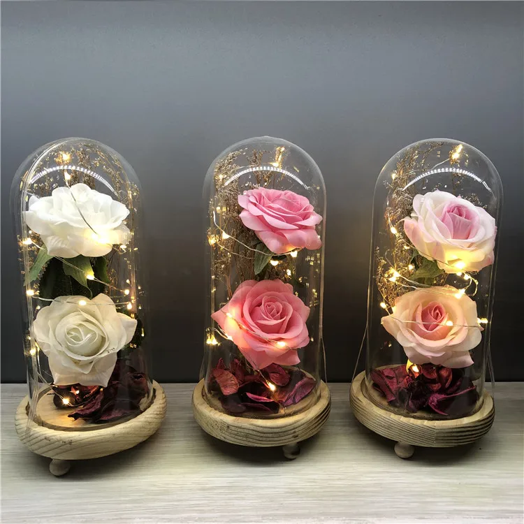 Wholesale preserved rose flowers artificial silk flower with LED light in glass dome perfect gift for festival