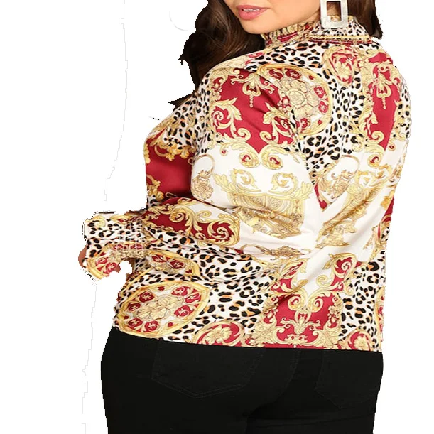 
2019 Fashion Apparel Plus Size Shirred Panel Chain Print Ruffle Cuff Blouse 