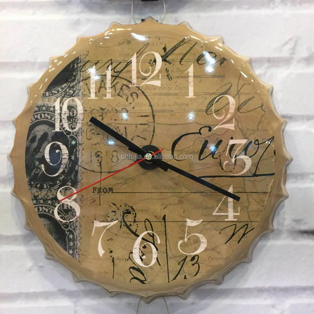 Custom 3d embossed vintage metal wall decor beer bottle cap shape tin sign clock