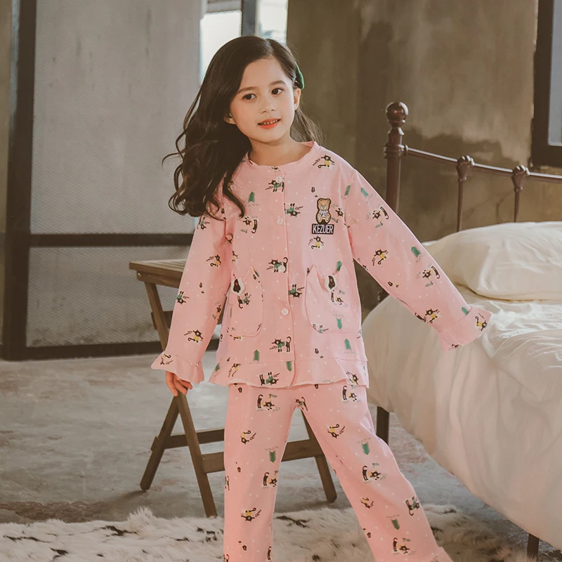 
Kids little girls sleepwear 2 piece set 100%cotton long sleeve cute pattern printed pajamas set 