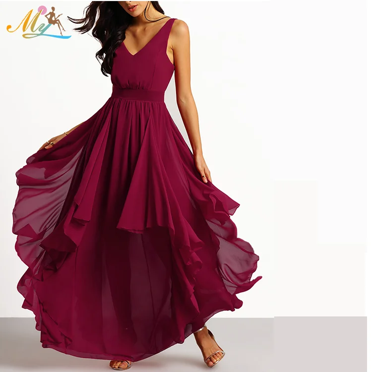 Summer sexy backless V-Neckline Ruffle Chiffon long evening party Dress for women