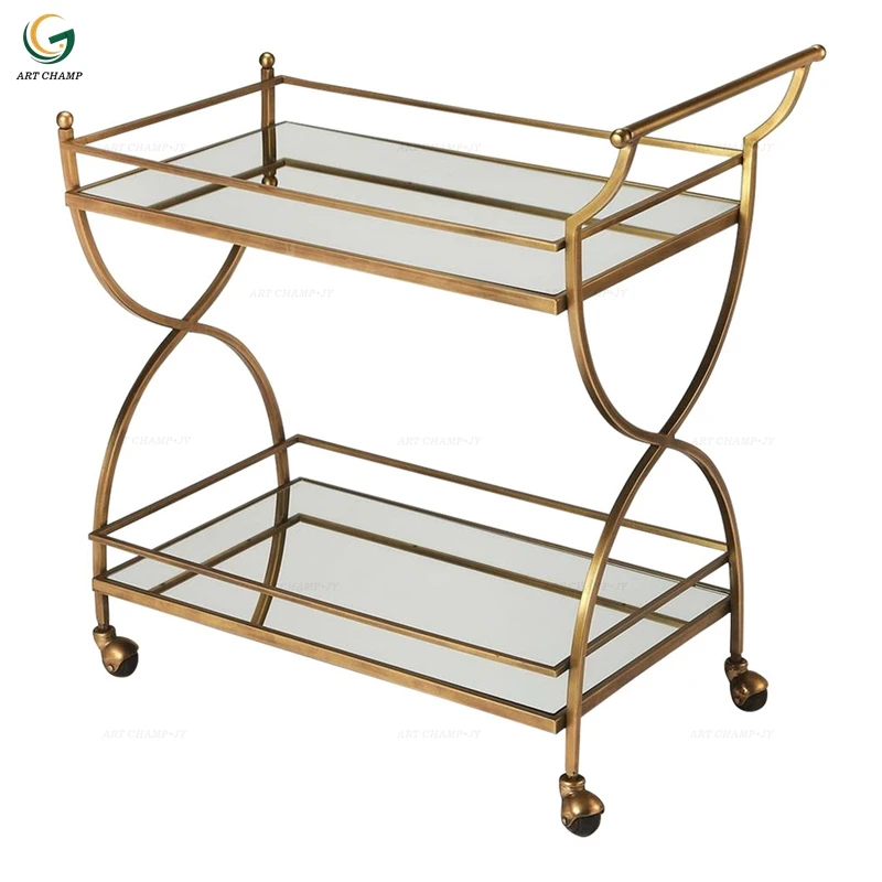Home Kitchen Furniture Mirror Glass Top Antique Gold Bar Cart Drink Trolley