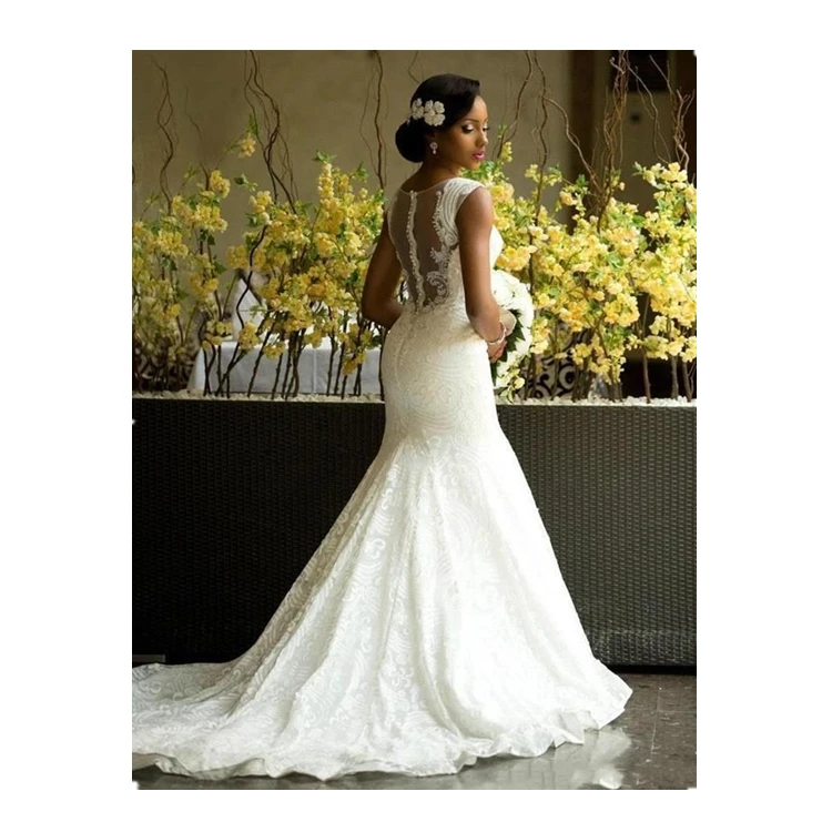 Simple Illusion Custom Design Ruffles Mermaid Wedding dress Lace Appliques Sleeveless Count Train Bridal Gown 2020 WF038