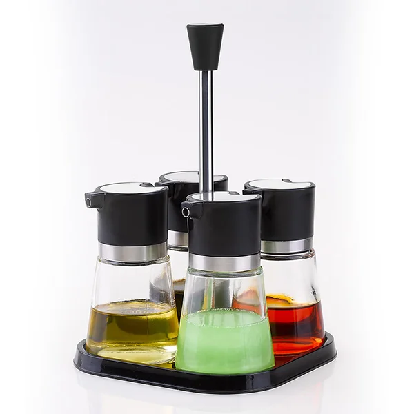 High Quality 4 Pieces Olive Oil and Vinegar Dispenser Bottle Set with Plastic Rack