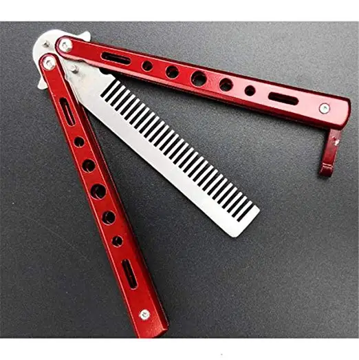 Hairbrush Red Stunning Practice Training Stainless Steel Butterfly Knife Outdoor Comb Combo Pocket Long Round Handle Holder