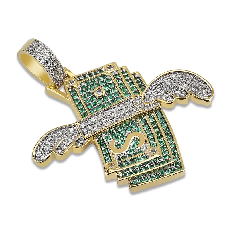 Hip Hop 14k Gold Plated Iced Out CZ Diamond Flying Wings Charm Dollar Pendant Necklace