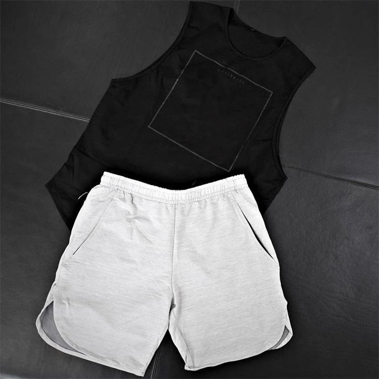 
Mens Plain Breathable Draw String Hem Split Shorts Fitness Pockets Sports Shorts 
