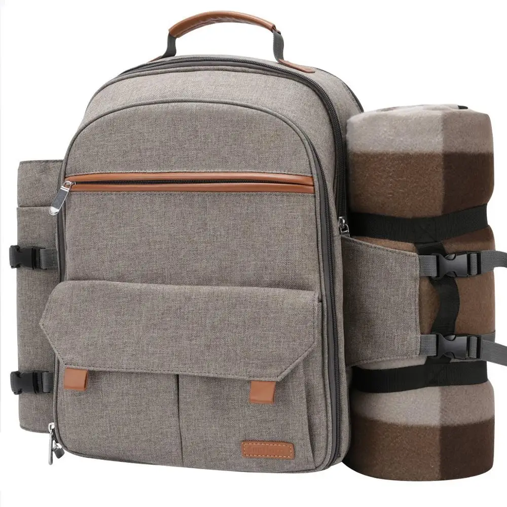 
Custom Camping Bag 4 persons Picnic Backpack with Tableware and Wine Bottle Holder 