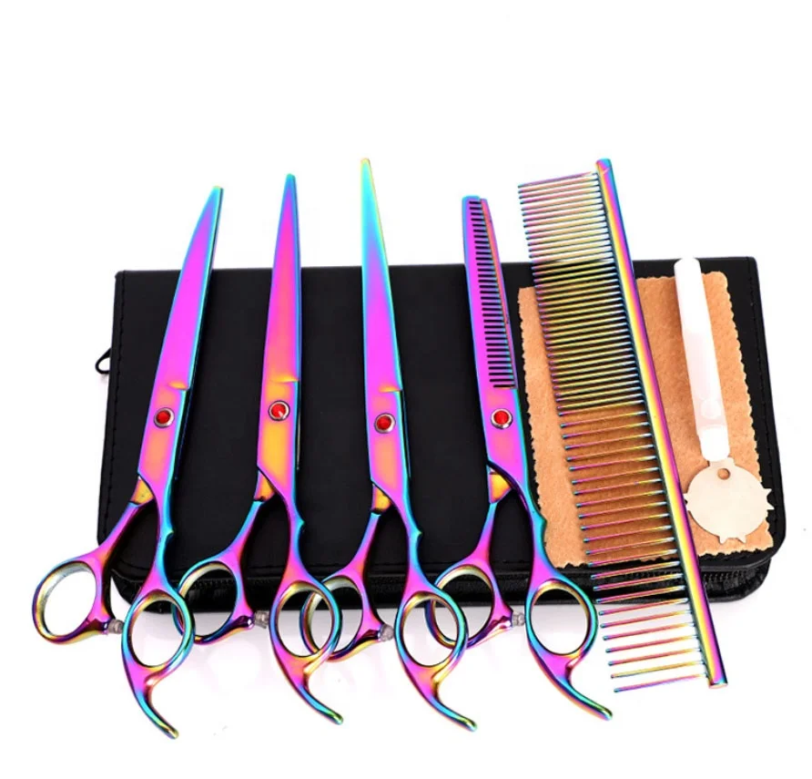 
7 Inch Pet Dog Cat Grooming Hair Cut Scissors Set Curve Scissors Sets with Suit Case 