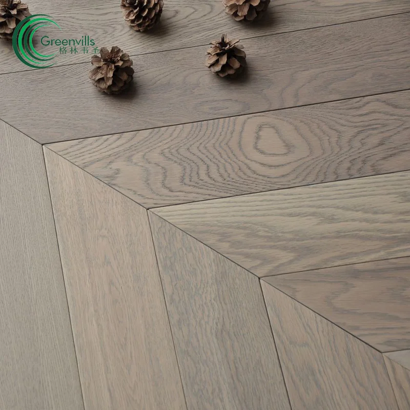 Greenvills  fishbone herringbone  chevron wood floor parquet tiles light grey color 15mm thickness