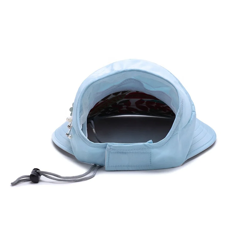 Hot Selling Women Summer Wide Brim Cap 100% Polyester Adjustable Sun Visor Cap Hat With Small Plastic Flower Visors