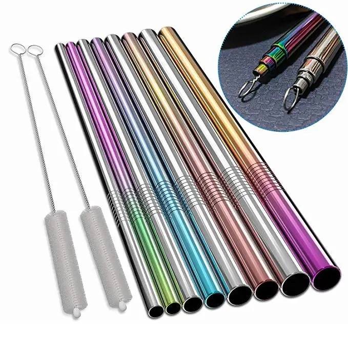 New Reusable Stainless Steel Straws Metal Drinking Straws with Brushes and Silicone Tips