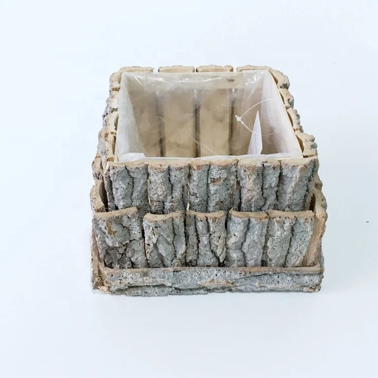 
Hot sales decorative square shape double-deck unique design poplar bark pot with plastic lining for planting 