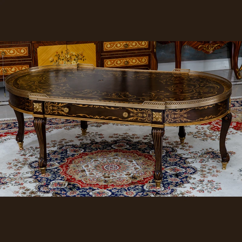 Hand Painting Round Coffee Table Carved Side Table Classical Style Living Room End Table with Glass Exquisite Wood Luxury 1pc