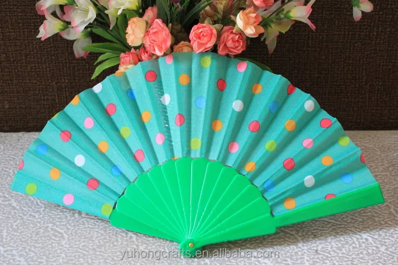 Dot chart design fabric folding hand fans with plastic ribs