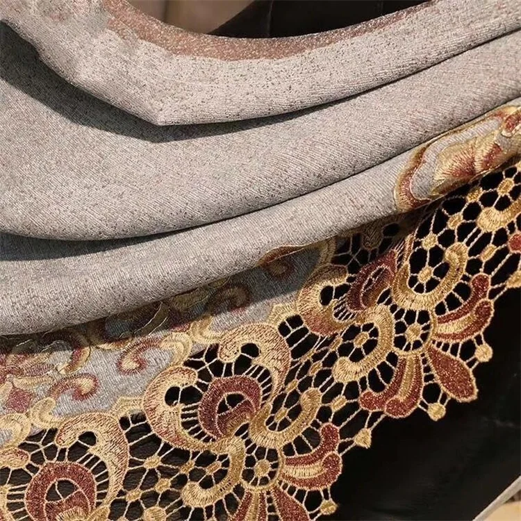 Hot selling Lace border trim curtains with embroider designs gold sequin curtains for the living room