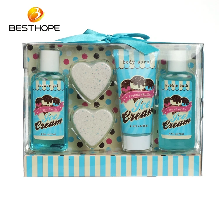 High quality oem shower gel bubble bath body scrub sponge set promotional bath spa gift set in paper box