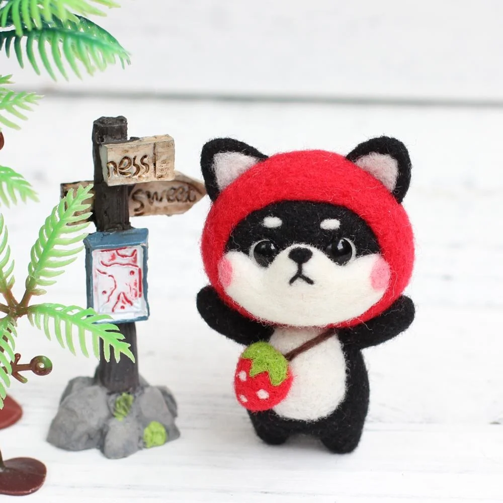 NO.9 Strawberry Black Shiba Inu DIY Handmade Felt Toy Wool Needle Felting Kit