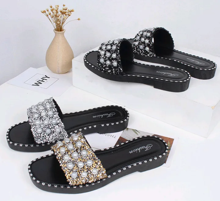 New fashion slipper flat PU footwear design woman pearl beach sandals