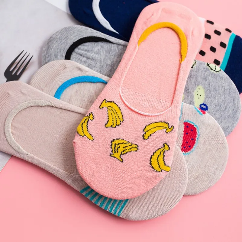 Красочные удобные летние хлопковые женские носки-невидимки с фруктами