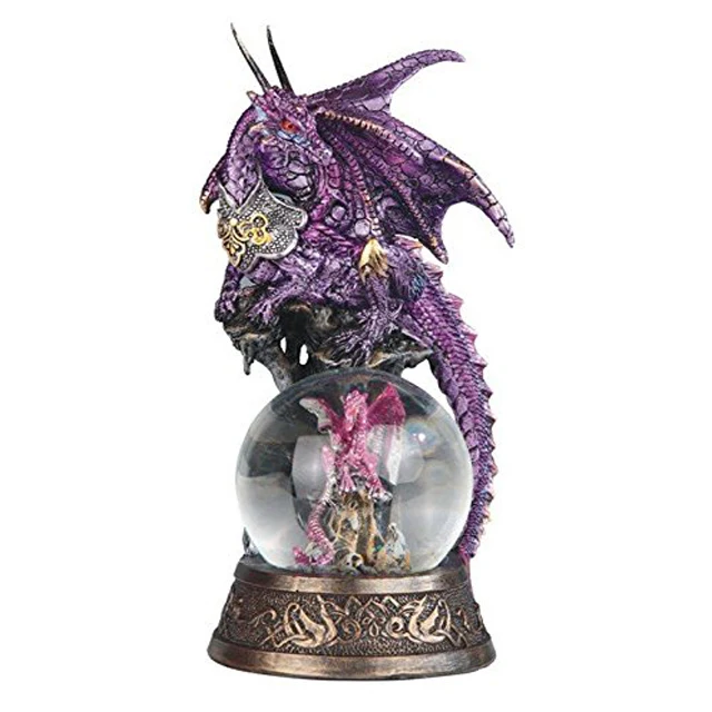 7 Inch High Quality Purple Dragon on Baby Pink Dragon Antique Resin Snow Globe Decorative Statue